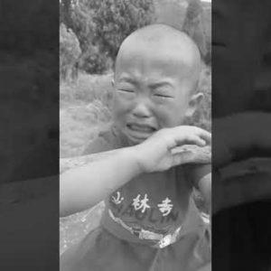 Shaolin boy very laborious learning kung fu.  Chinese language kung fu